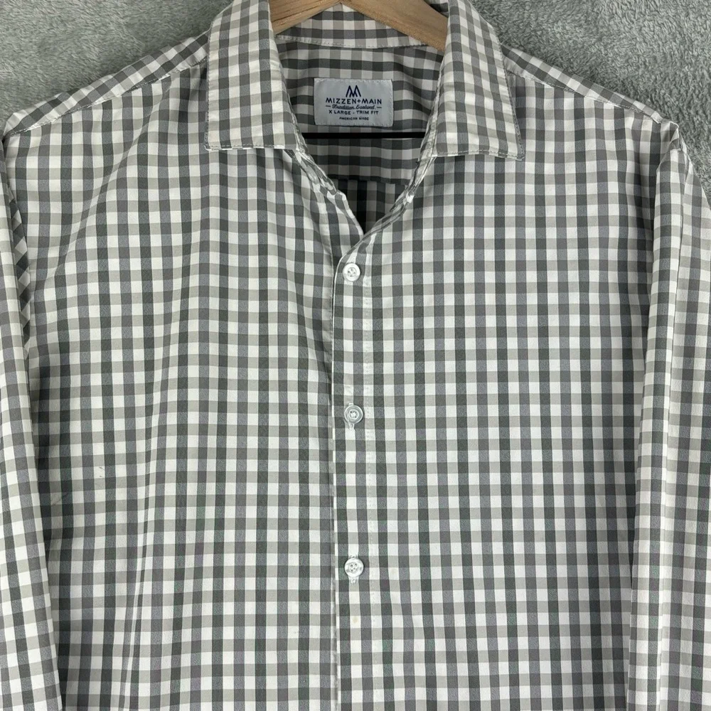Mizzen Main Shirt Mens XL Trim Fit Performance Button Up‎ Gray White Check